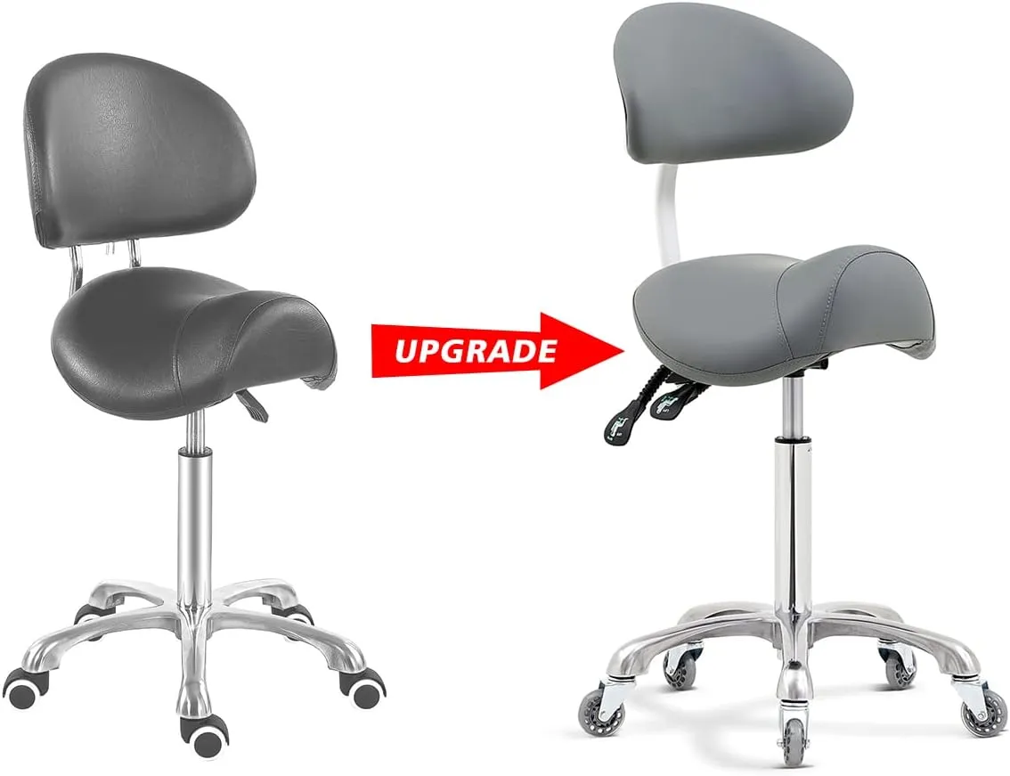 Saddle Stool Rolling Chair with Back Support,Esthetician Tattoo Dental Stool Chair,Lash Chairs for Eyelash Tech Massage Salon(Grey,with Backrest)