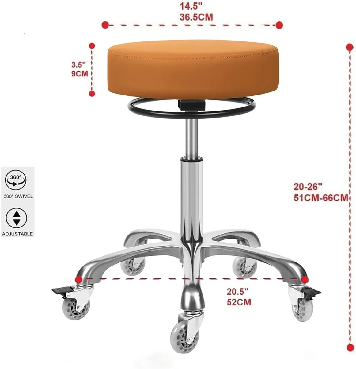 Salon Rolling Stools with Locking Wheels - Adjustable Swivel Stool Chair Heavy Duty 400 lbs Thick Cushion Hydraulic Shop Stool for Tattoo Facial Massage Kitchen Counter Salon Spa Medical Garage(Camel)