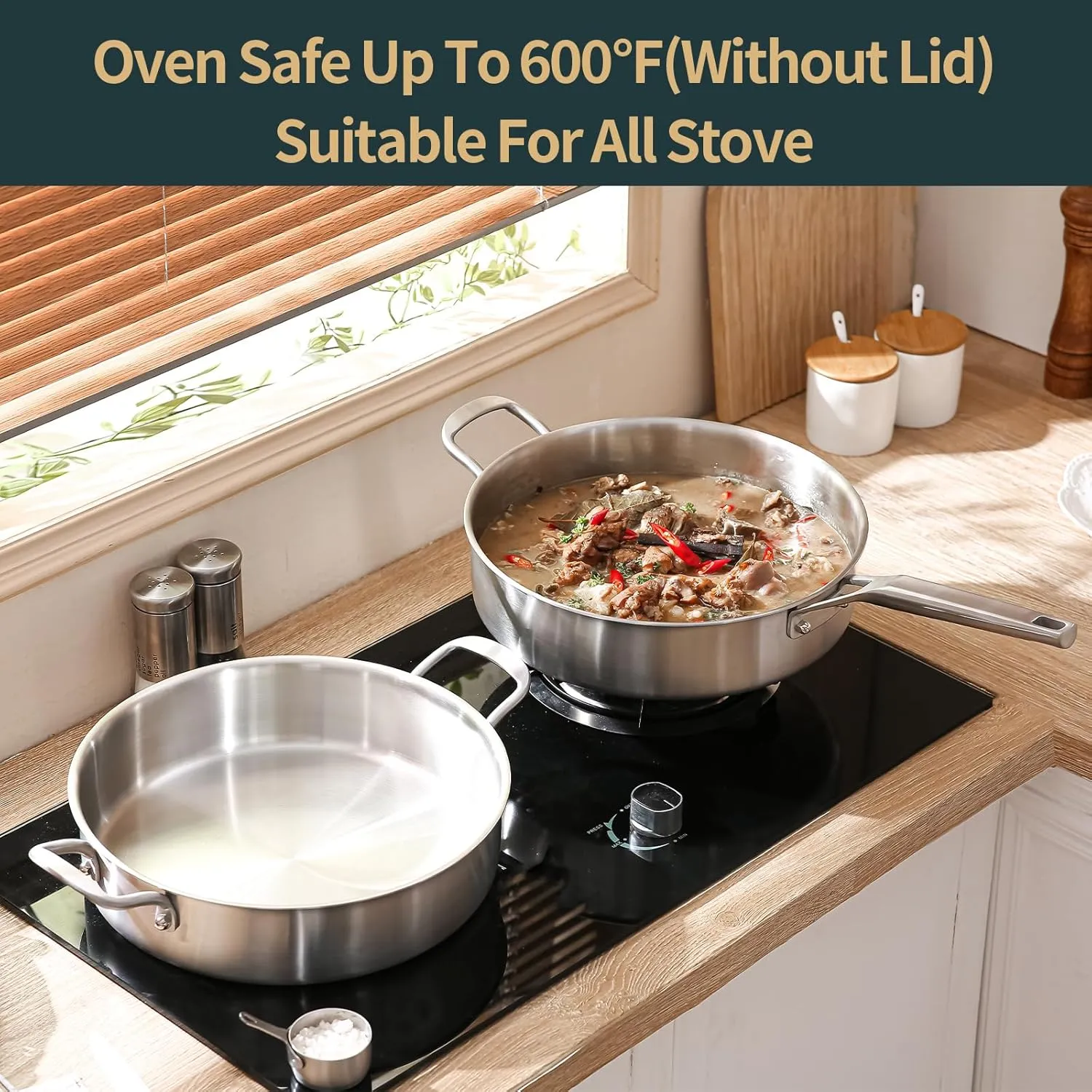 Saute Pan, 7 Quart Tri-Ply Stainless Steel Saute Pan, 12inch Deep Frying Pan with Lid, Saute Skillet, Rondeau Pot with Lid Compatible with All Cooktops Up to 600℉