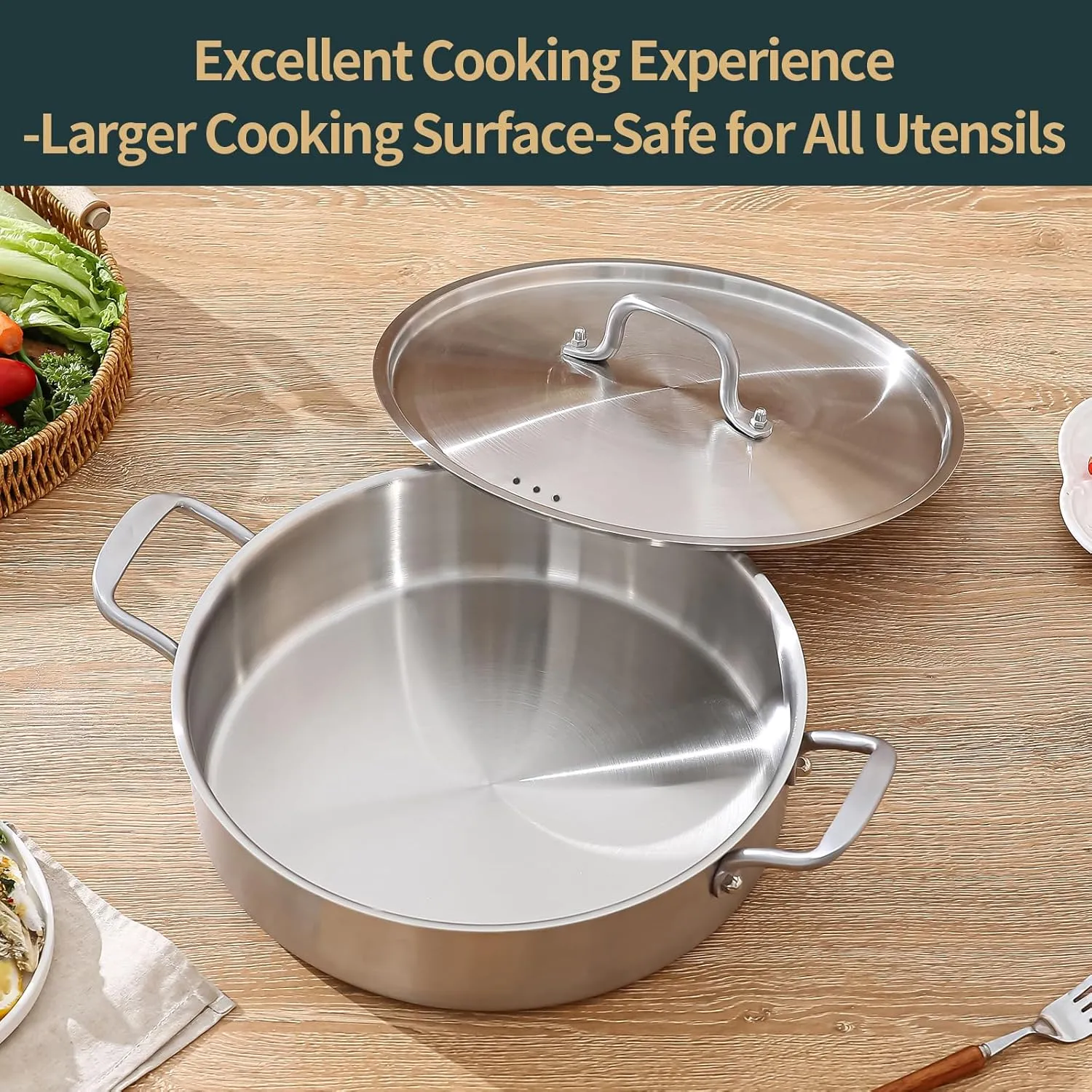 Saute Pan, 7 Quart Tri-Ply Stainless Steel Saute Pan, 12inch Deep Frying Pan with Lid, Saute Skillet, Rondeau Pot with Lid Compatible with All Cooktops Up to 600℉
