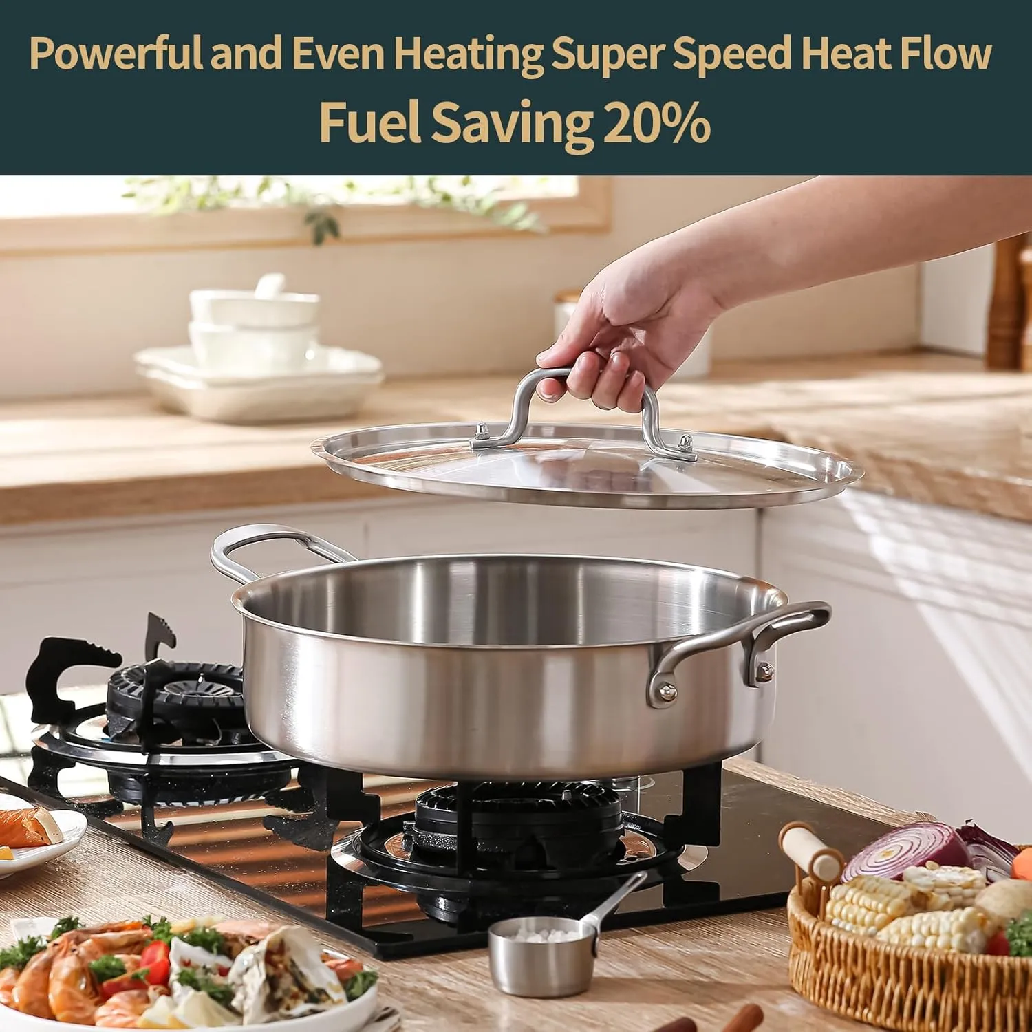 Saute Pan, 7 Quart Tri-Ply Stainless Steel Saute Pan, 12inch Deep Frying Pan with Lid, Saute Skillet, Rondeau Pot with Lid Compatible with All Cooktops Up to 600℉