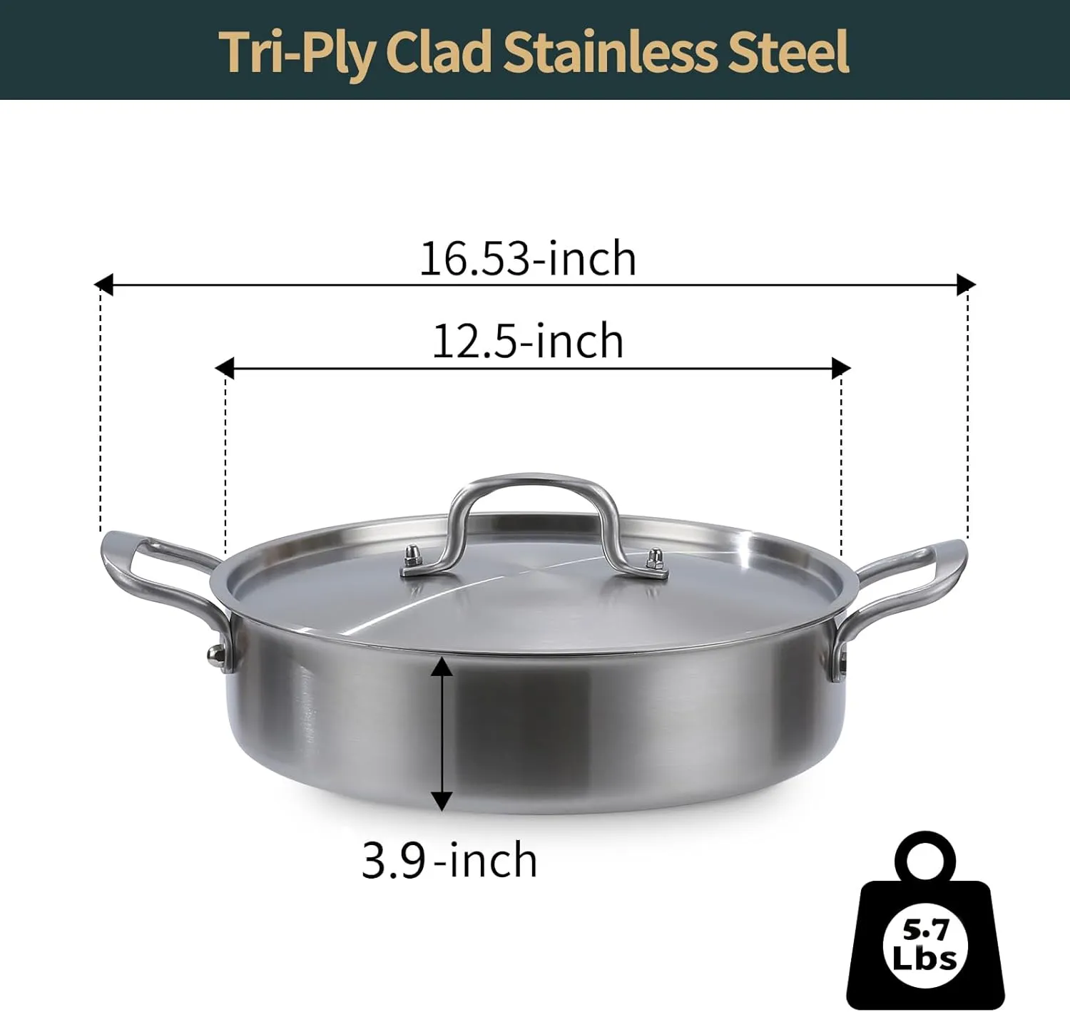 Saute Pan, 7 Quart Tri-Ply Stainless Steel Saute Pan, 12inch Deep Frying Pan with Lid, Saute Skillet, Rondeau Pot with Lid Compatible with All Cooktops Up to 600℉