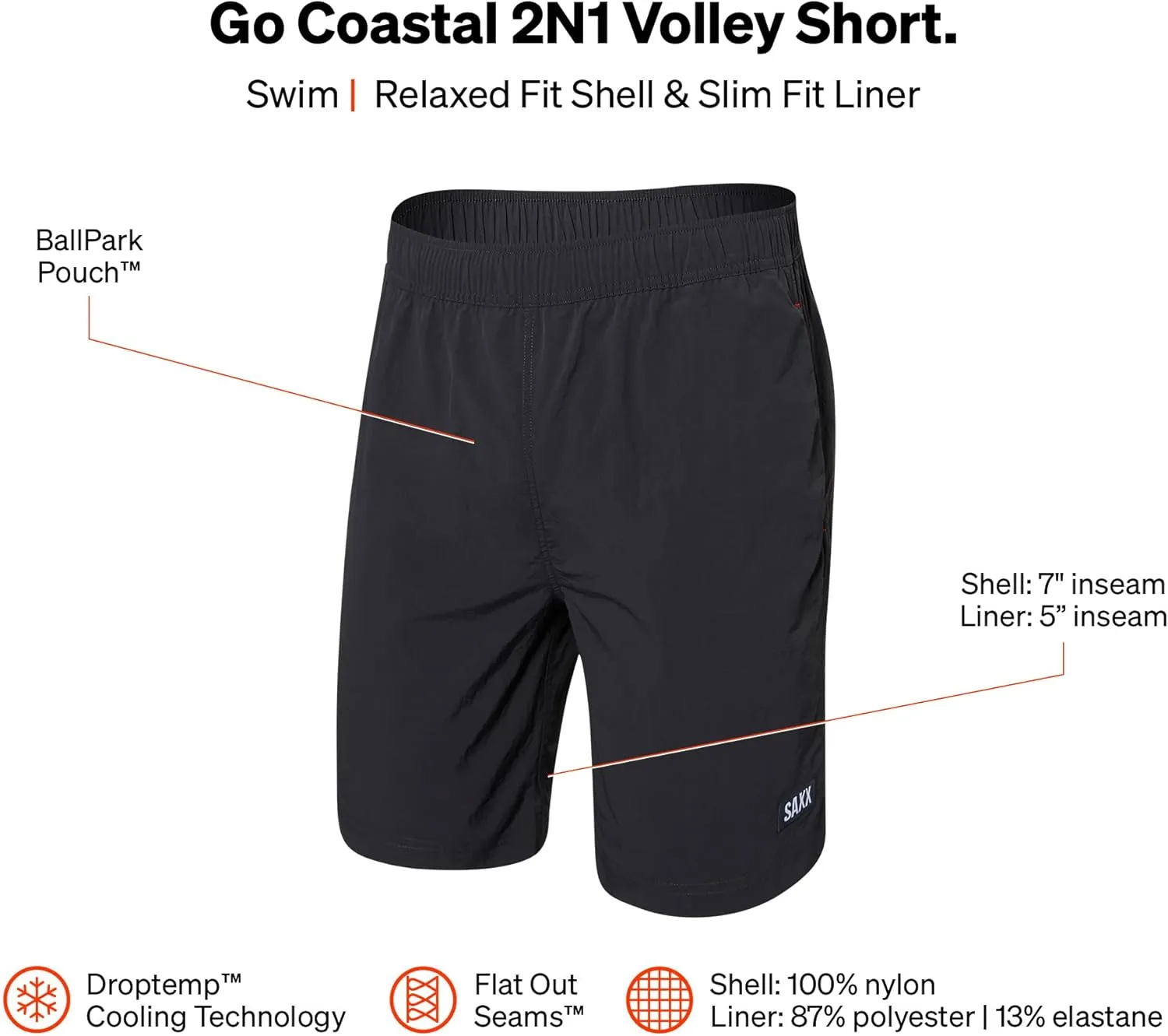 Saxx Men's Underwear - Go Coastal 2N1 Volley 7" with Built-in Pouch Support - Shorts for Men