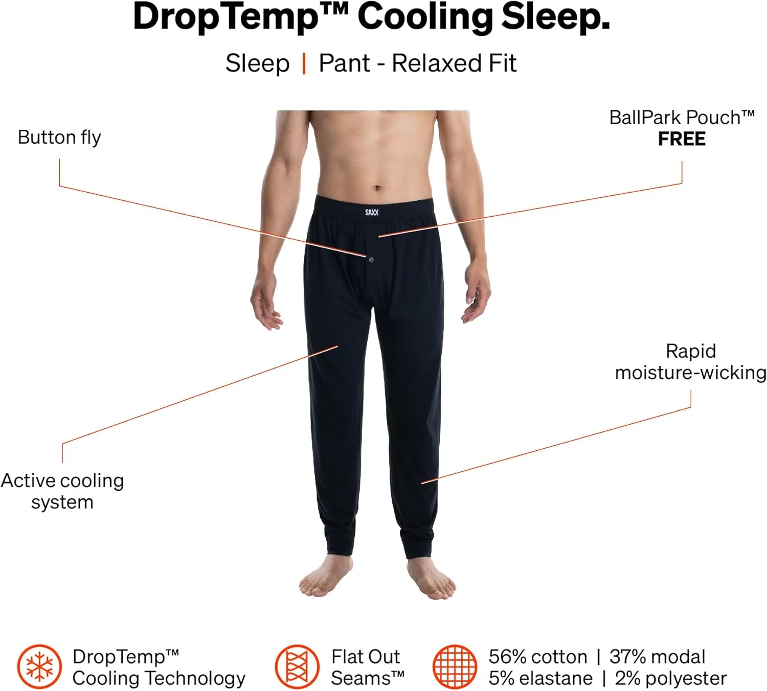 SAXX Underwear Co. Men's Droptemp Cooling Sleep Pant Fly with Built-in Pouch Support, Core