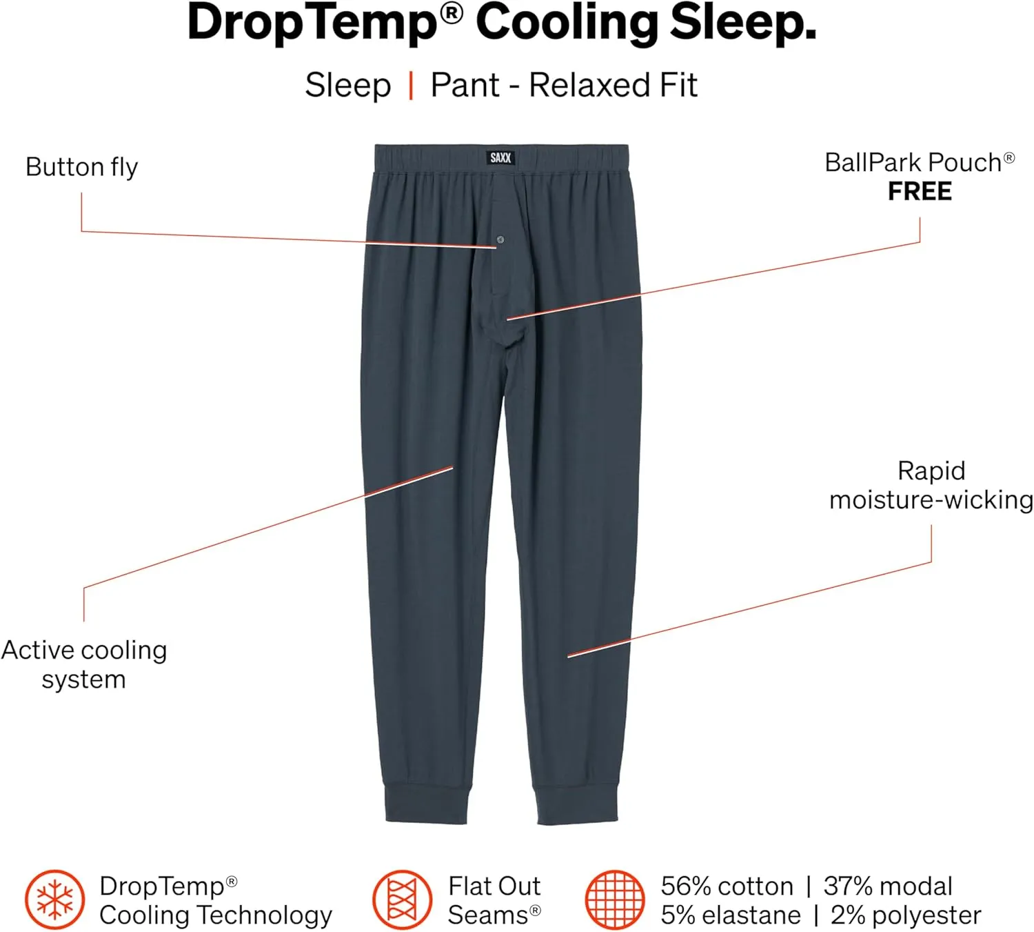 SAXX Underwear Co. Men's Droptemp Cooling Sleep Pant Fly with Built-in Pouch Support, Core