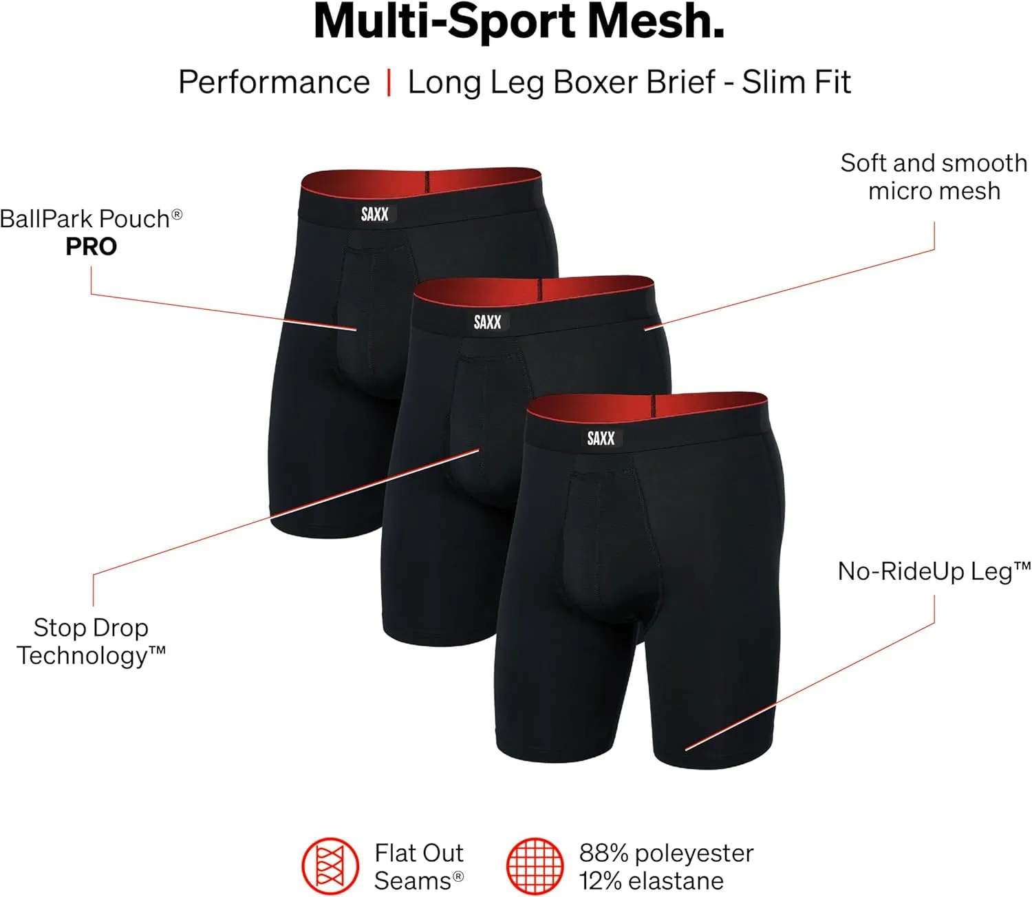 SAXX Underwear Co. Men's Underwear with Pouch Multi Sport Mesh Long Boxer Brief 3Pk