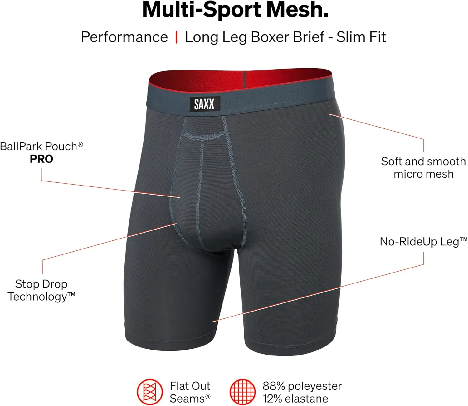 SAXX Underwear Co. Men's Underwear with Pouch Multi Sport Mesh Long Boxer Brief Fly