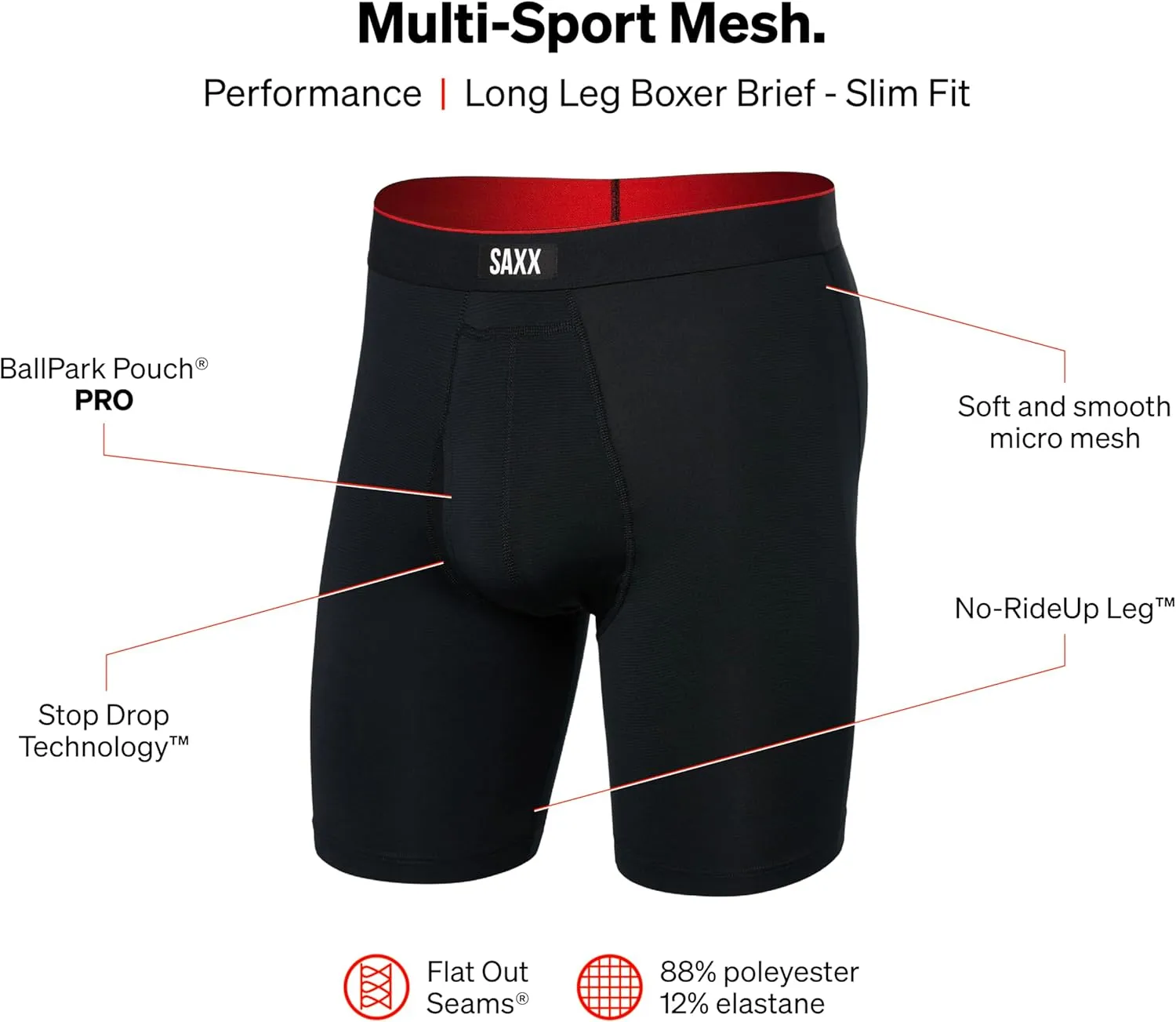 SAXX Underwear Co. Men's Underwear with Pouch Multi Sport Mesh Long Boxer Brief Fly