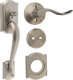 Schlage F93CAM619ACC(RH) Camelot Dummy Style Handle Set with Accent Interior Right Hand Lever, Satin Nickel