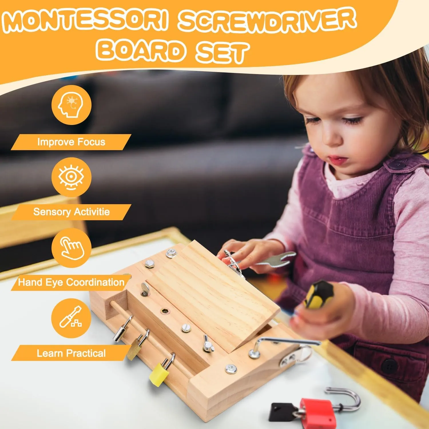 Screwdriver Board-Montessori Toy Lock and Key Toy Set for Kids, Storage Wooden Tools Preschool Sensory Toys for 3  Year Old
