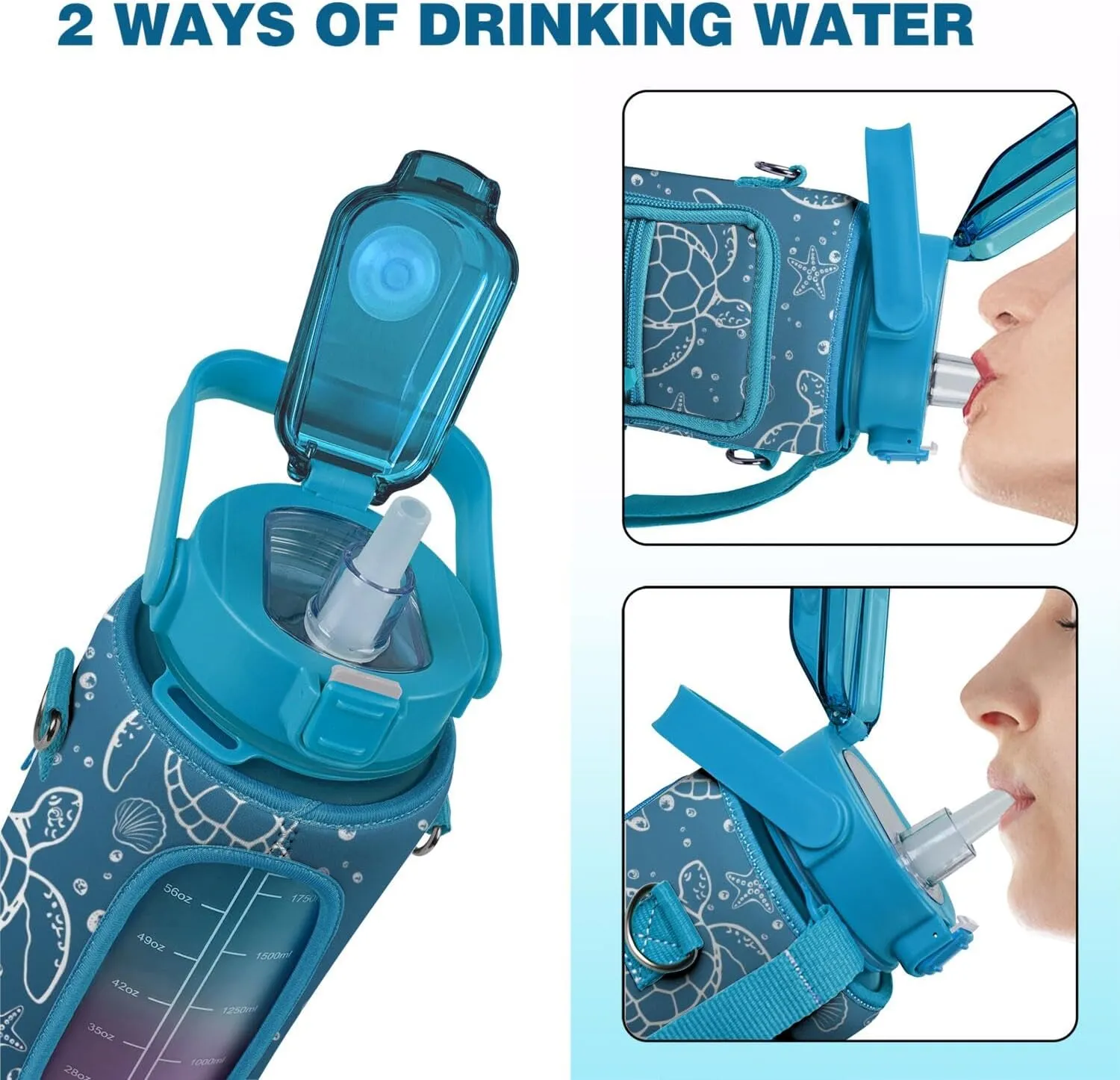 Sea Turtle Gifts for Women, Sea Turtle Water Bottle Half Gallon Water Bottle with Time Marker, Sports Gym Water Bottles for Women BPA Free Half Gallon Water Jugs Motivational Water Bottles 64 oz