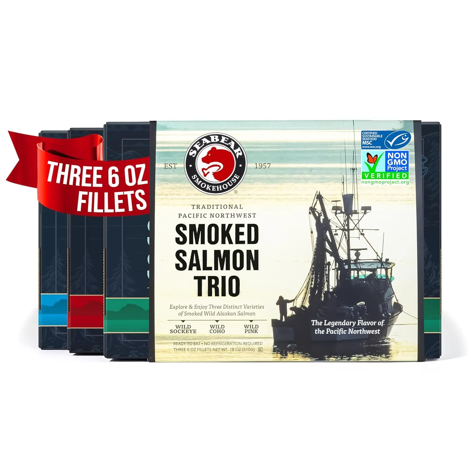 SeaBear - Premium Wild Alaskan Smoked Sockeye, Coho, and Pink Salmon Trio - 18oz Box