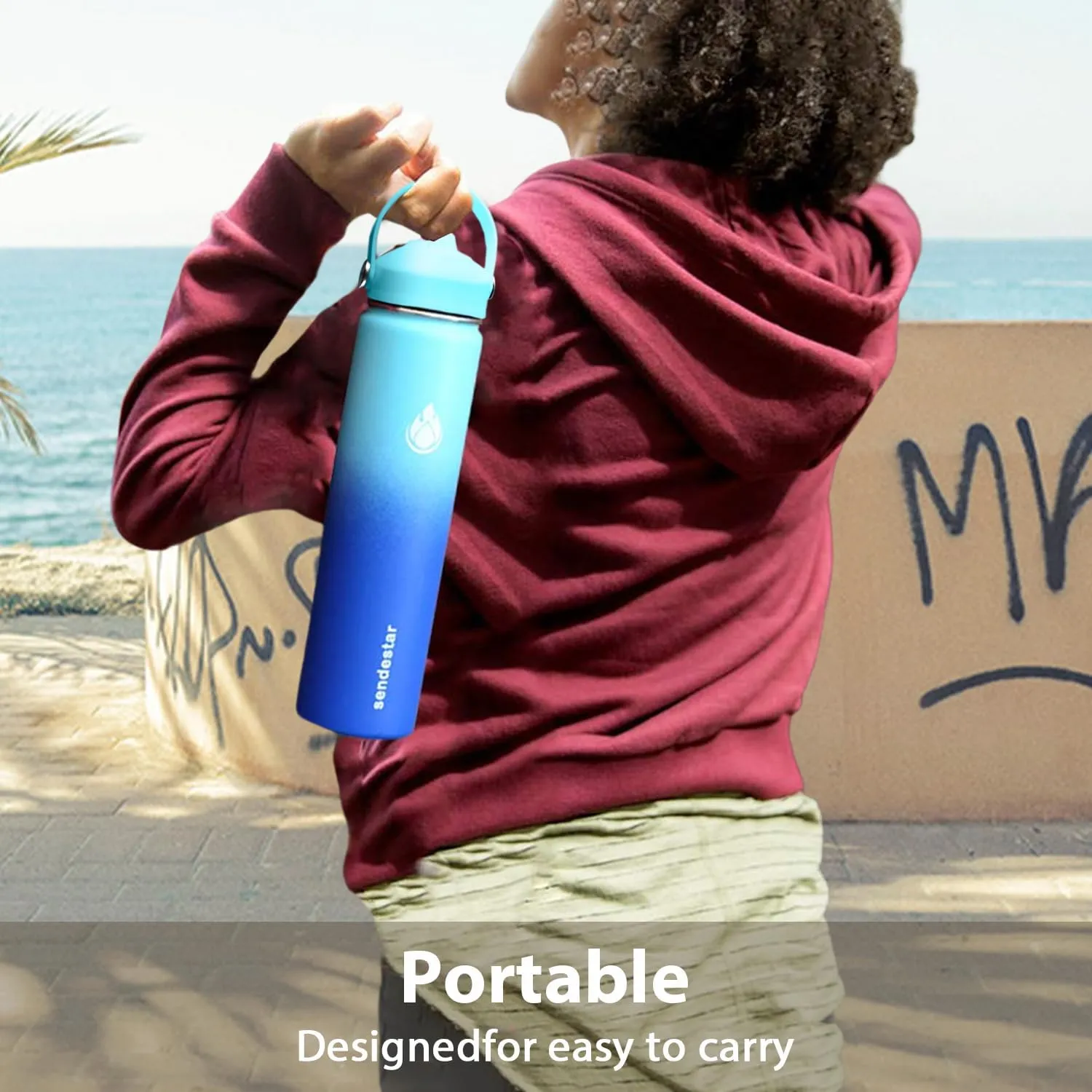 SENDESTAR Stainless Steel Wide Mouth Water Bottle 24oz Double Wall Vacuum Insulated Leak Proof Bottle with New Flex Straw Lid & Spout Lid