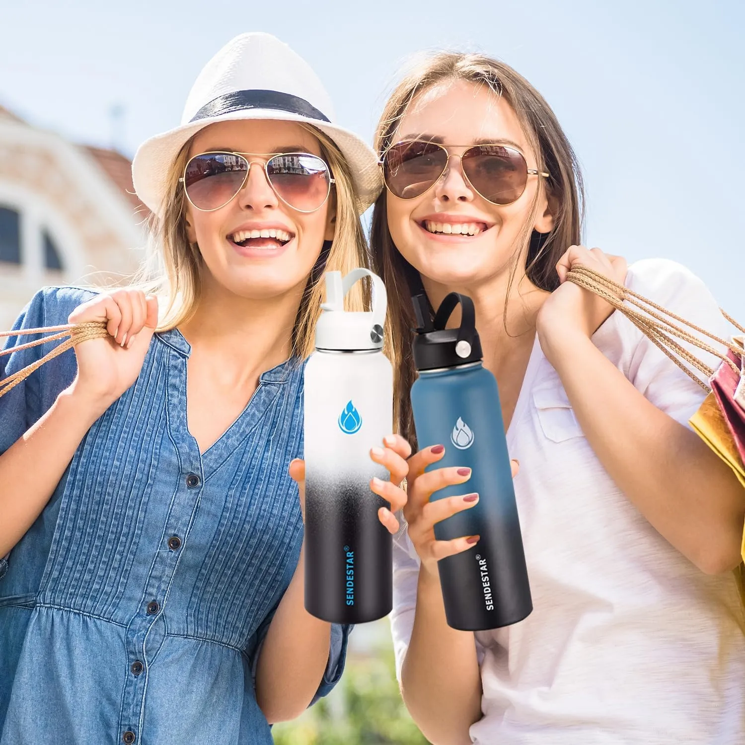 SENDESTAR Stainless Steel Wide Mouth Water Bottle 24oz Double Wall Vacuum Insulated Leak Proof Bottle with New Flex Straw Lid & Spout Lid