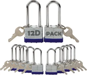 SEPOX 12Pcs Set Laminated-Padlocks with Key Different, Extra Long-Shackle, 1-9/16" 40MM Heavy-Duty Steel Lock Body Each Lock with 2 Big Key for Outdoor & Indoor Lockers, Fence, Gate, Tool-Box