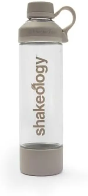 Shakeology Glass Water Bottle, 18 fl oz, Reusable, Durable, Non Slip Silicone Bottom Sleeve, Twist Off Cap Lid and Easy to Carry Loop for Drinking On the Go, Travel, Workout, Gym, Hand Wash Only, Grey