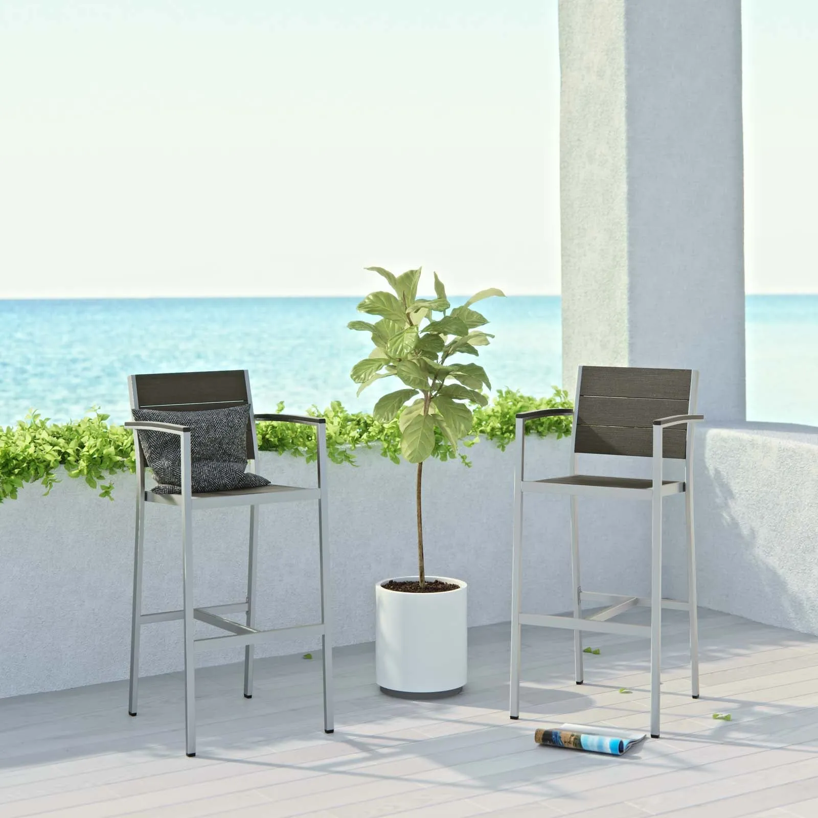 Shore Bar Stool Outdoor Patio Aluminum Set of 2 Silver Gray Arm Chairs by Modway