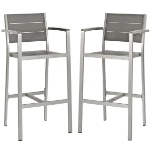 Shore Bar Stool Outdoor Patio Aluminum Set of 2 Silver Gray Arm Chairs by Modway