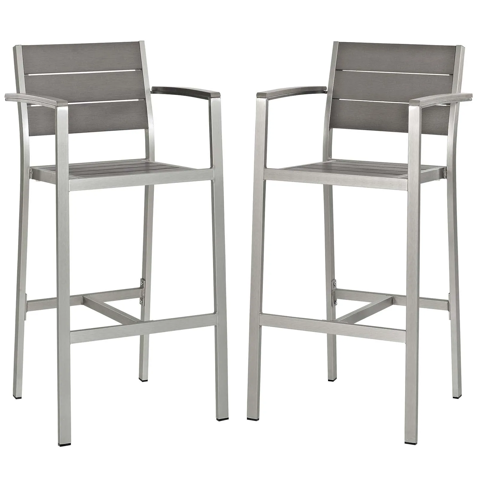 Shore Bar Stool Outdoor Patio Aluminum Set of 2 Silver Gray Arm Chairs by Modway