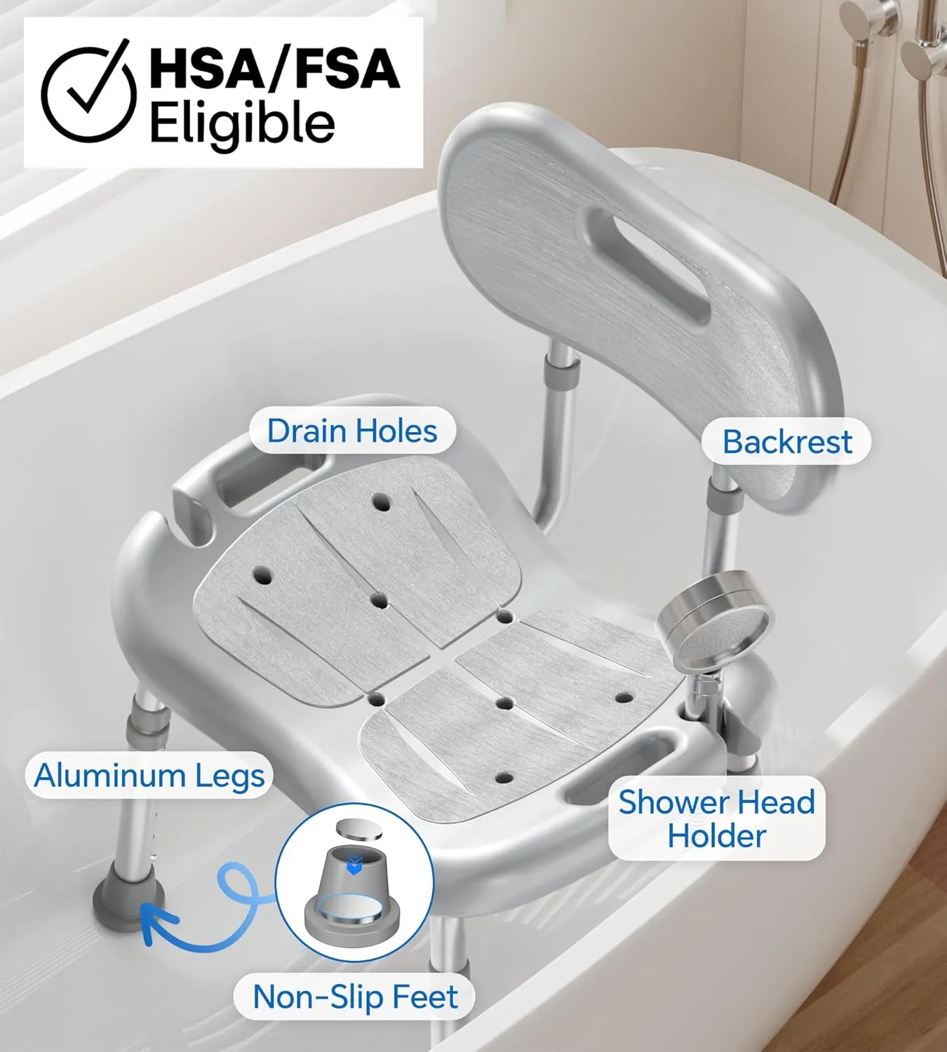 Shower Chair for Inside Shower with Removable Back, FSA/HSA Eligible Adjustable Height, Non-Slip Heavy Duty Bath Chair for Bathtub, 350 lbs Shower Seat for Elderly and Disabled, Grey