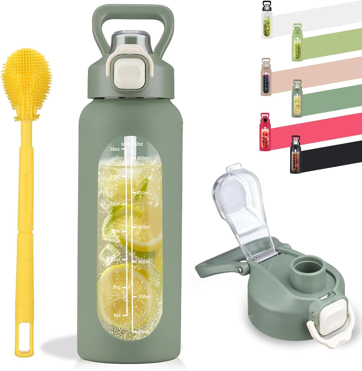 SIEROZUR 32 oz Glass Water Bottle with Straw and Handle, Leakproof Motivational Sports Glass Bottle with Time Marker, Water Jug with Silicone Sleeve for Gym, Travel, Workout, Olive