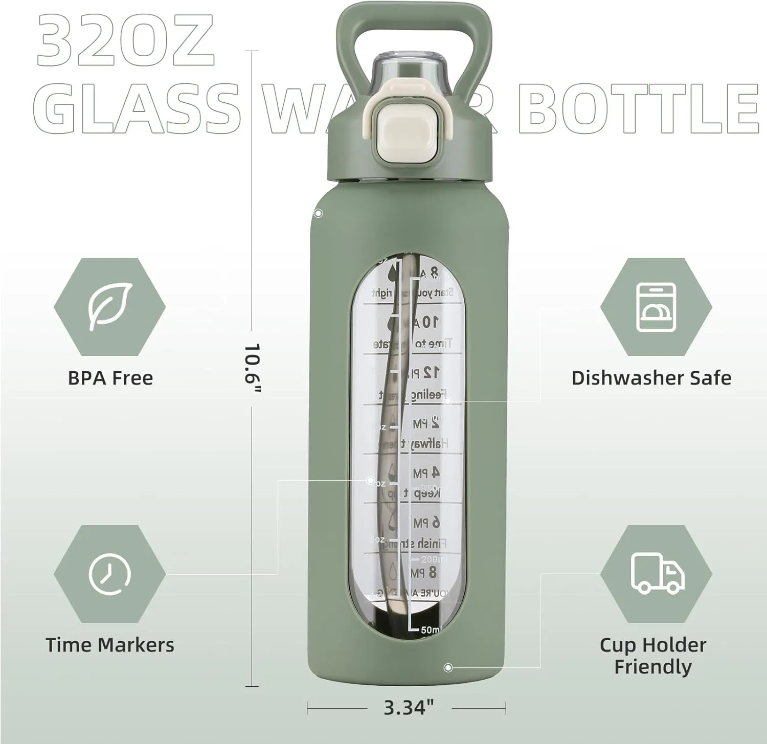 SIEROZUR 32 oz Glass Water Bottle with Straw and Handle, Leakproof Motivational Sports Glass Bottle with Time Marker, Water Jug with Silicone Sleeve for Gym, Travel, Workout, Olive