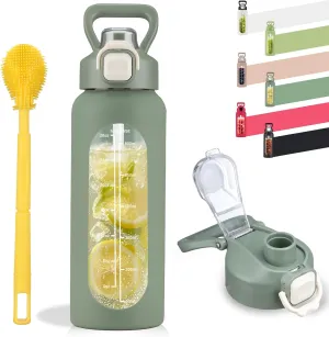 SIEROZUR 32 oz Glass Water Bottle with Straw and Handle, Leakproof Motivational Sports Glass Bottle with Time Marker, Water Jug with Silicone Sleeve for Gym, Travel, Workout, Olive