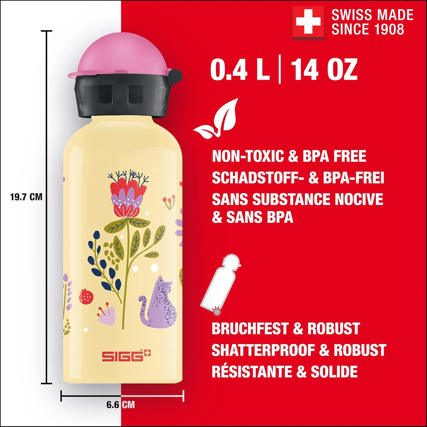 Sigg - Kids Water Bottle - KBT - Made in Switzerland - Neutral Taste - Leakproof - Lightweight - School, Sports - 14 Oz