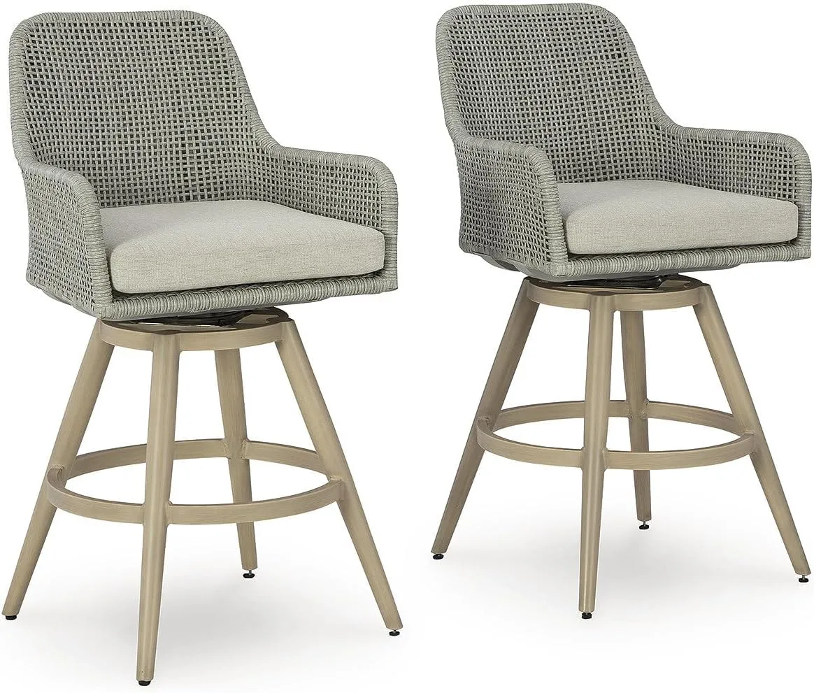 Signature Design by Ashley Seton Creek Casual Weather Resistant Resin Wicker Swivel Outdoor Bar Height Bar Stool with Cushion, Footrest and Armrest, Set of 2, Beige & Light Gray