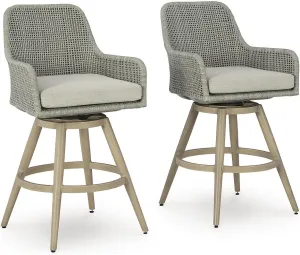 Signature Design by Ashley Seton Creek Casual Weather Resistant Resin Wicker Swivel Outdoor Bar Height Bar Stool with Cushion, Footrest and Armrest, Set of 2, Beige & Light Gray