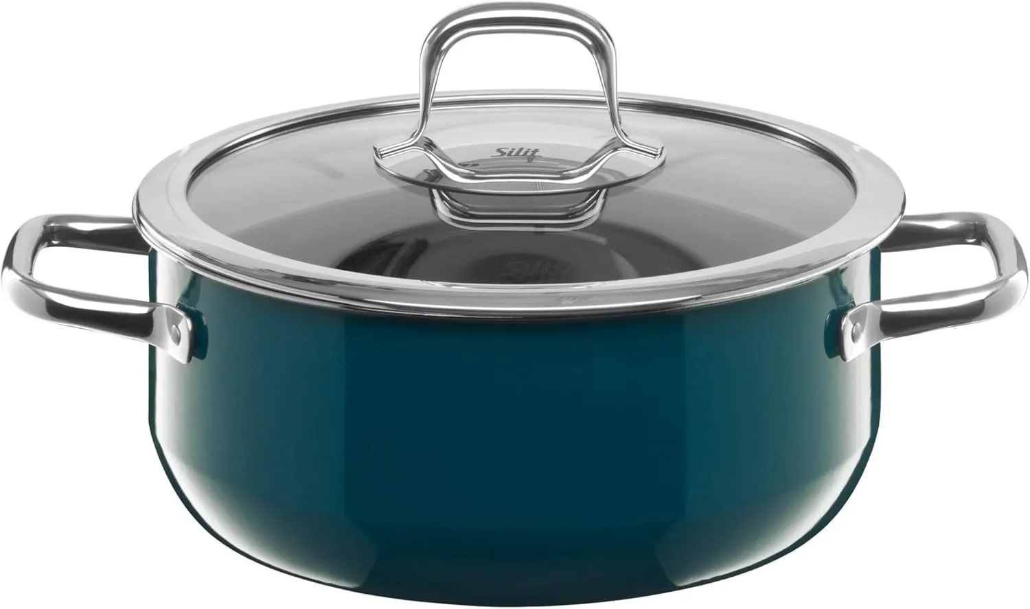 Silit Compact Kochtopf groß, 22 cm, mit Glasdeckel Stewing Pan 3.2 L Induction Stackable Petrol Blue, 3,2l