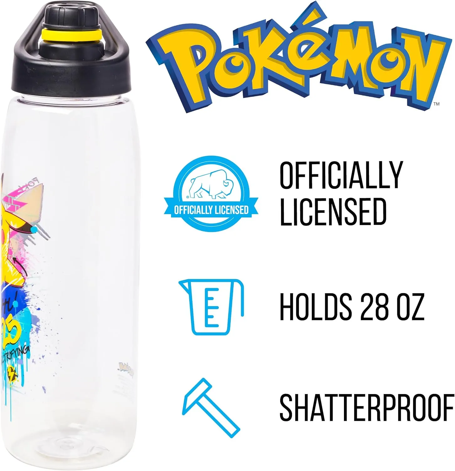 Silver Buffalo Pokémon Skate Graffiti Electrifying Pikachu Water Bottle with Screw-On Lid, 28 Ounces