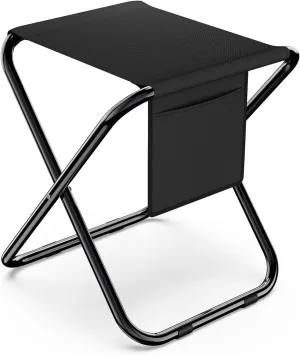 Simple Deluxe Portable Camping Stool, 14.4 Inch, 300 lbs Capacity, Folding Chair with Storage Pocket, Black