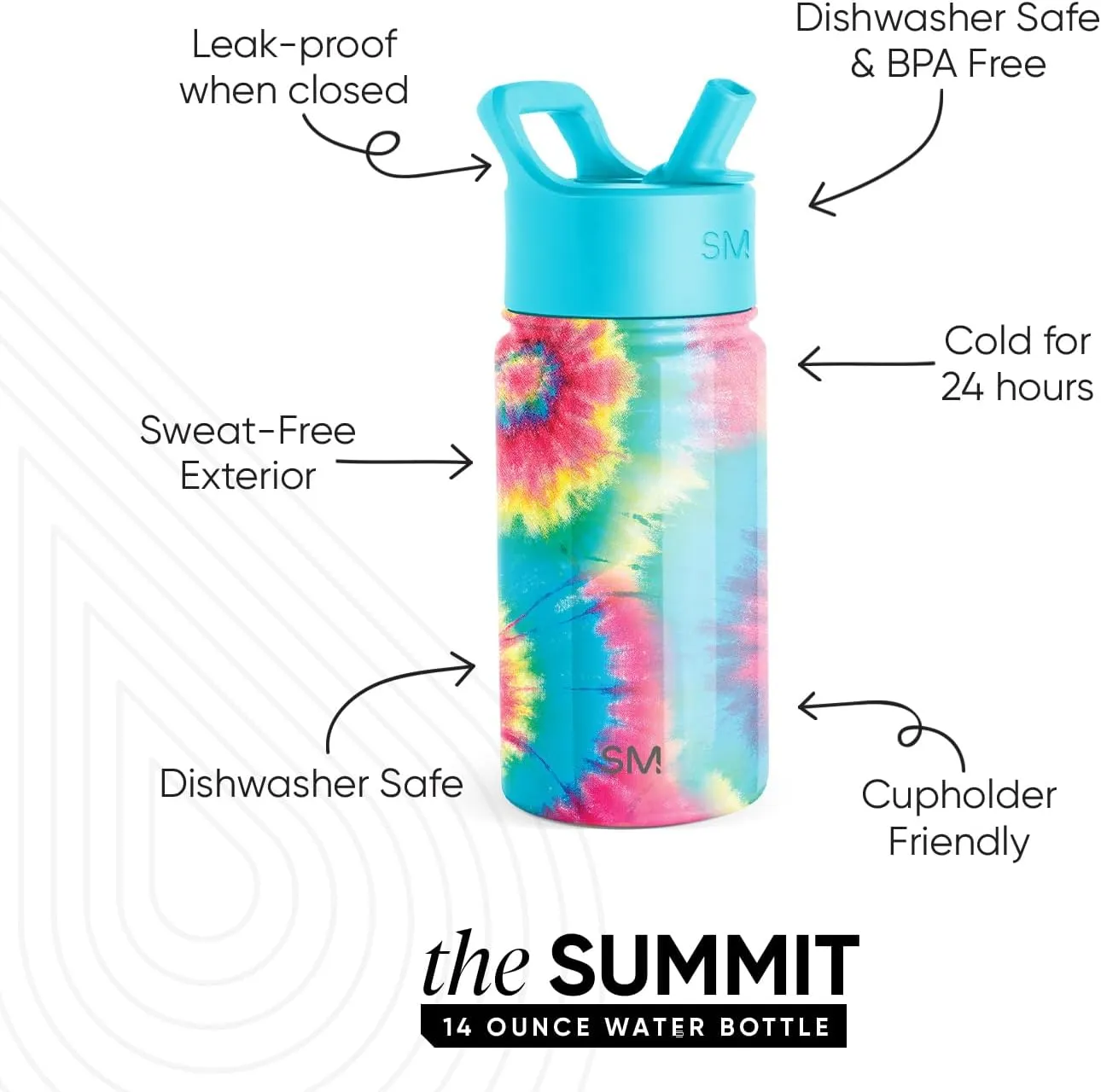 Simple Modern Kids Summit Water Bottle with Straw Lid | 14oz Stainless Steel Cup Insulated Tumbler Tumbler for Toddlers, School | Tie-Dye
