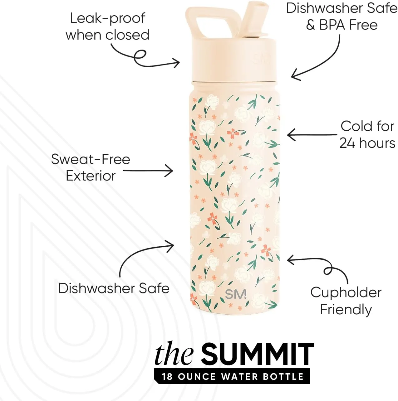 Simple Modern Kids Summit Water Bottle with Straw Lid | 18oz Stainless Steel Cup Insulated Tumbler for Toddlers, School | Chloe Floral