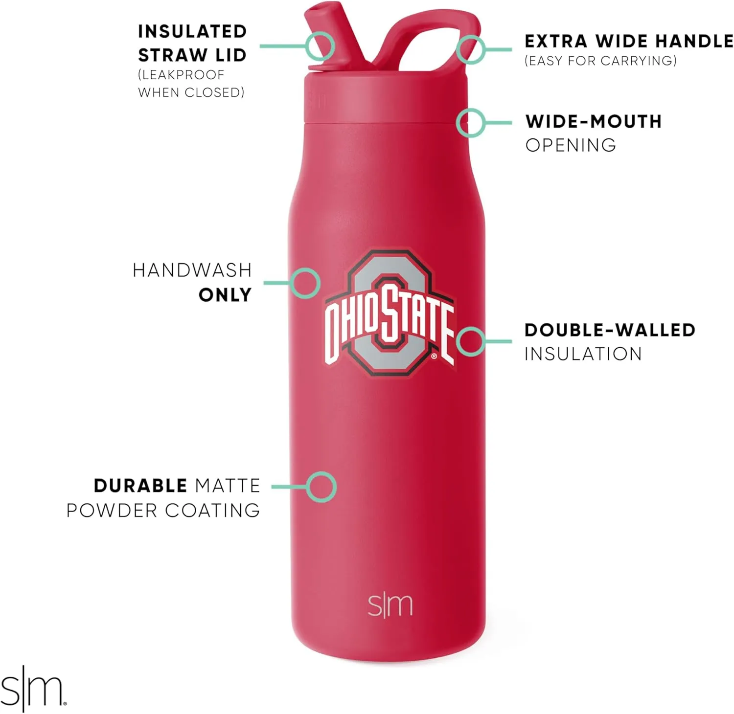 Simple Modern Officially Licensed Collegiate Ohio State Buckeyes Water Bottle with Straw Lid | NCAA Insulated Stainless Steel Travel Thermos | Leak Proof | Mesa Collection | Ohio State University