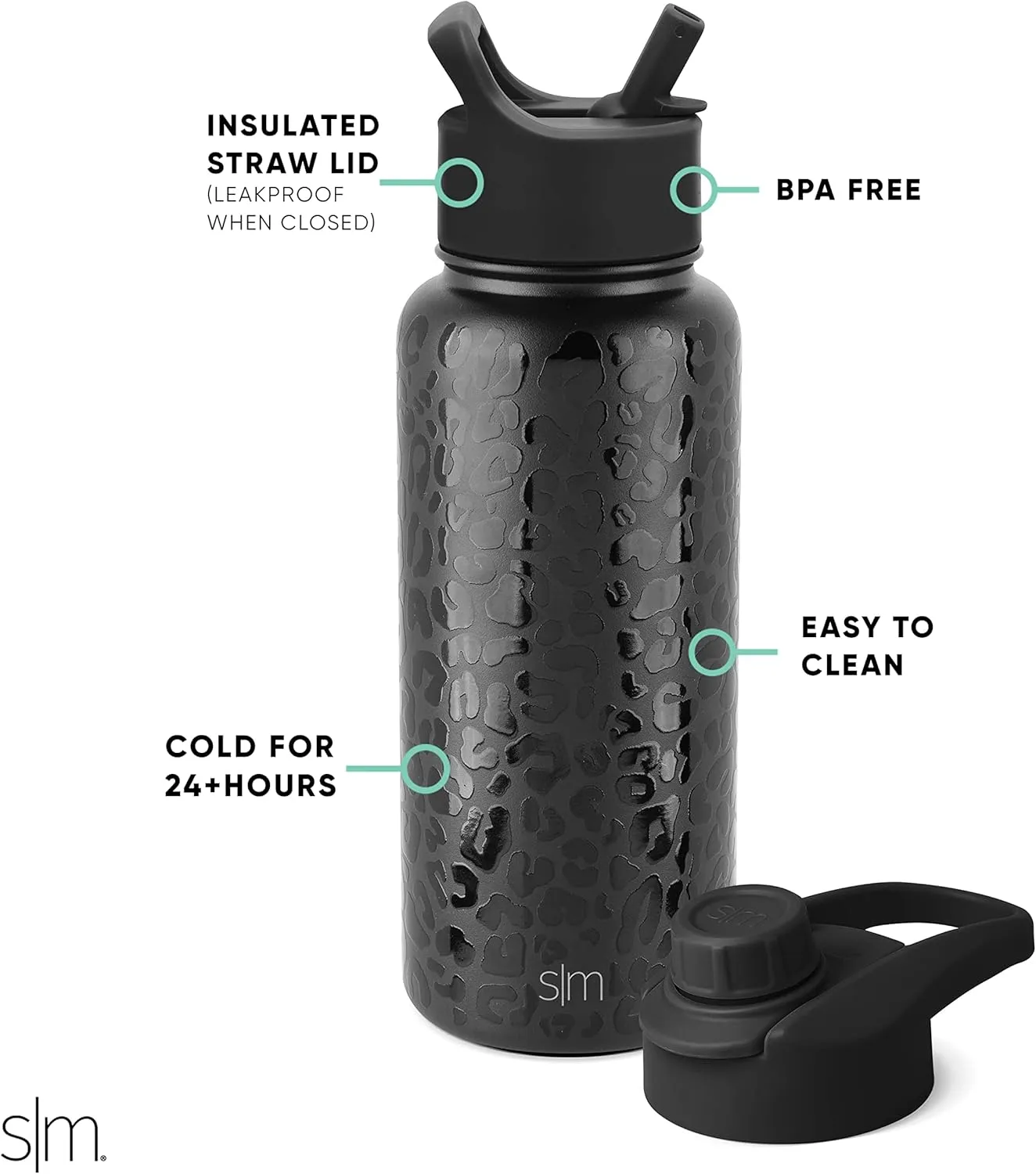 Simple Modern Water Bottle with Straw and Chug Lid Vacuum Insulated Stainless Steel Metal Thermos Bottles | Reusable Leak Proof BPA-Free Flask for Sports Gym | Summit Collection | 32oz, Black Leopard