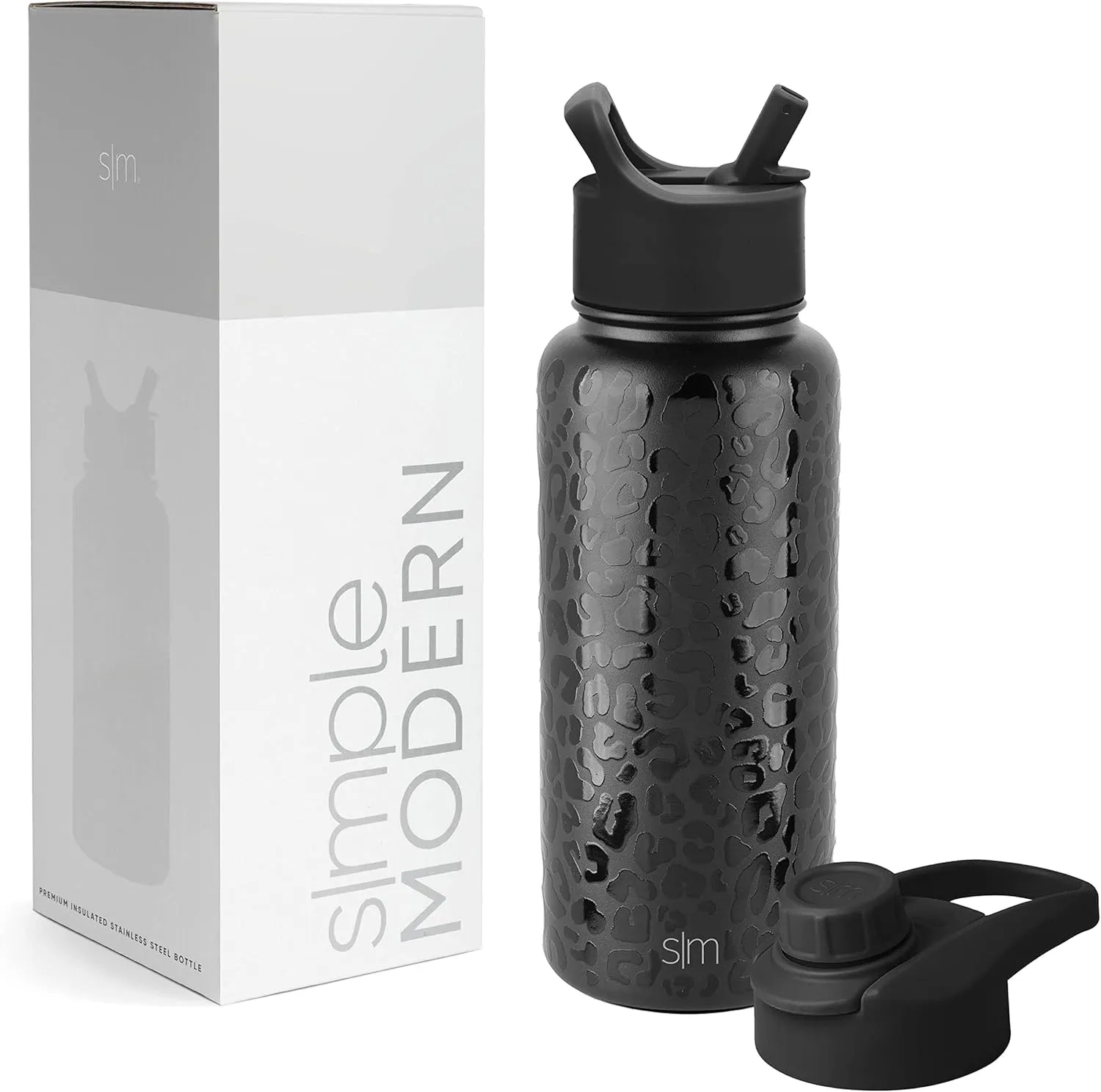 Simple Modern Water Bottle with Straw and Chug Lid Vacuum Insulated Stainless Steel Metal Thermos Bottles | Reusable Leak Proof BPA-Free Flask for Sports Gym | Summit Collection | 32oz, Black Leopard