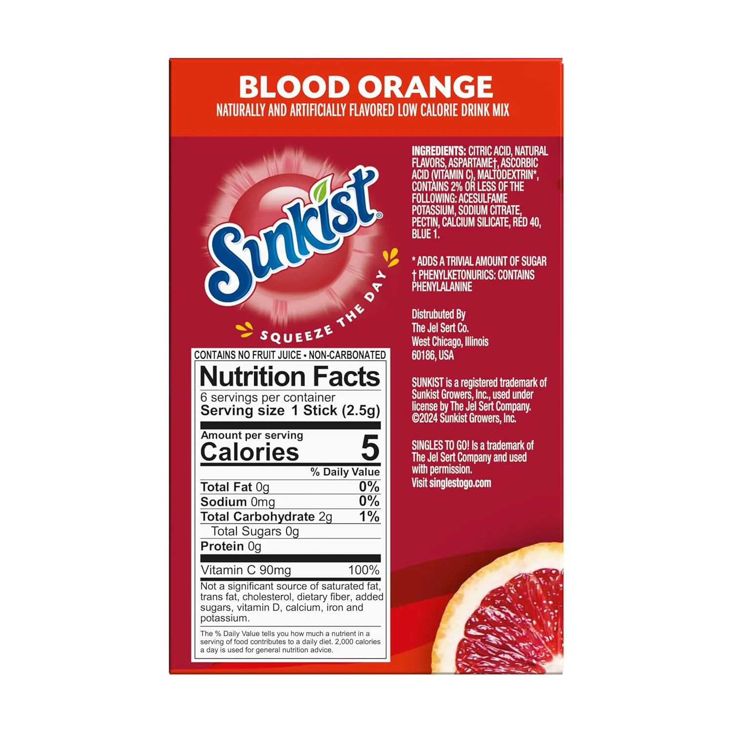 Singles to go Drink Mix Packets, Blood Orange, 6-Count Box – Powdered Drink Packets with Vitamin C, 72 Total Powder Sticks