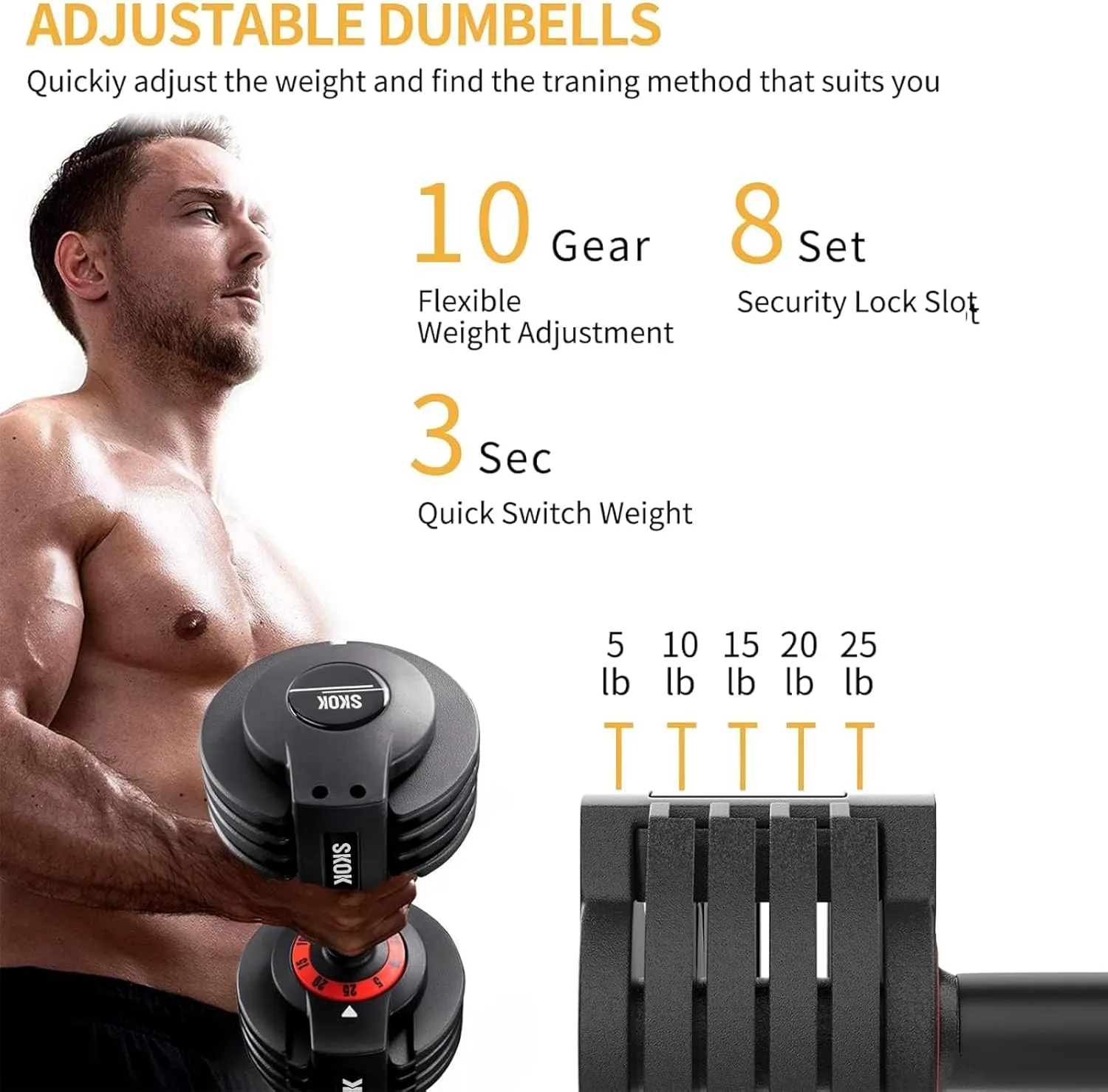 SKOK 25/55 lbs Pair or Single Adjustable Dumbbells Set, Adjustable Weights Dumbbells Set for Men and Women with Anti-Slip Fast Adjust Weight by Turning Handle,Black Dumbbell with Tray