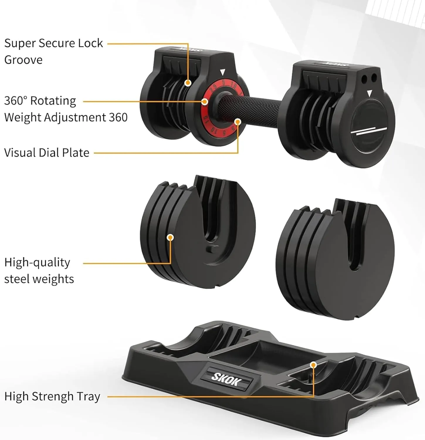 SKOK 25/55 lbs Pair or Single Adjustable Dumbbells Set, Adjustable Weights Dumbbells Set for Men and Women with Anti-Slip Fast Adjust Weight by Turning Handle,Black Dumbbell with Tray
