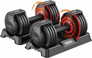 SKOK 25/55 lbs Pair or Single Adjustable Dumbbells Set, Adjustable Weights Dumbbells Set for Men and Women with Anti-Slip Fast Adjust Weight by Turning Handle,Black Dumbbell with Tray