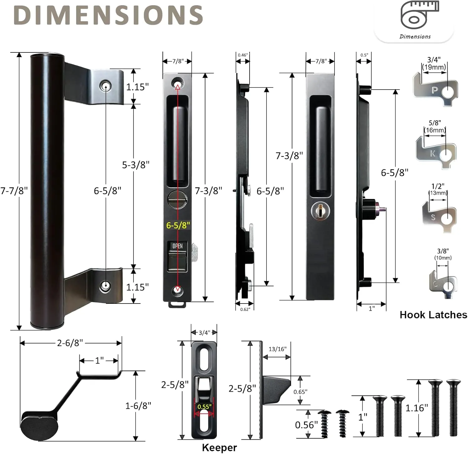 Sliding Glass Door Handle Set with Lock - Easy to Install,Patio Sliding Door Handle Fits for 1 to 1-1/8 Door Thickness,6-5/8" Screw Hole Spacing,Perfectly Replacement for Old Handle(Black)