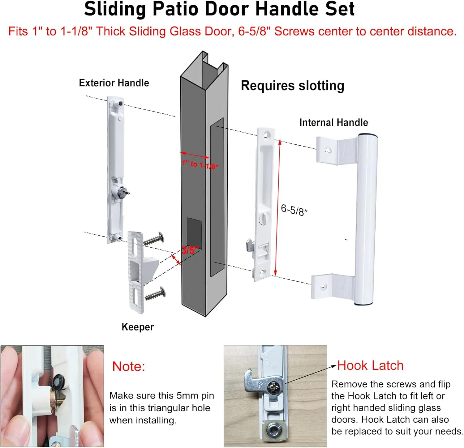 Sliding Glass Door Handle Set with Lock - Easy to Install,Patio Sliding Door Handle Fits for 1 to 1-1/8 Door Thickness,6-5/8" Screw Hole Spacing,Perfectly Replacement for Old Handle(Black)