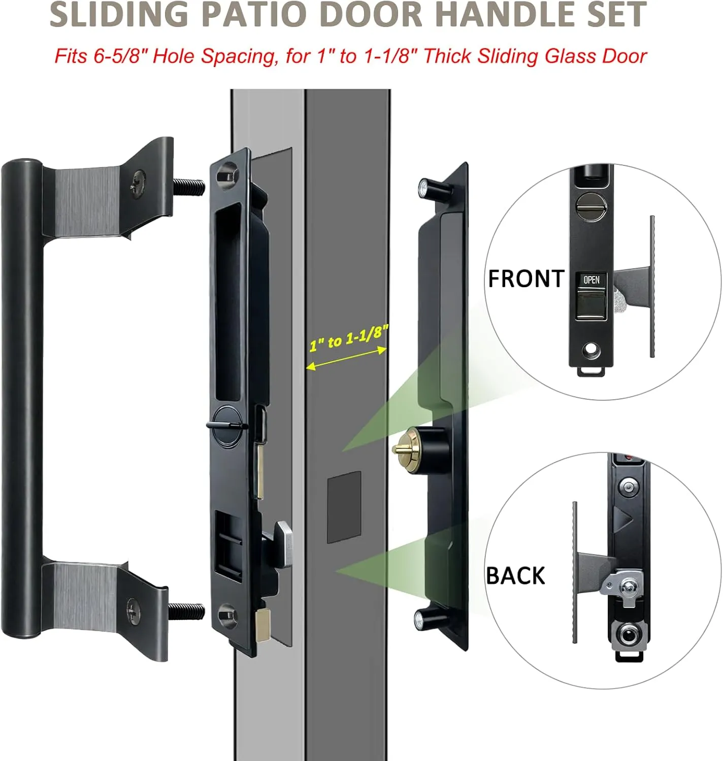 Sliding Glass Door Handle Set with Lock - Easy to Install,Patio Sliding Door Handle Fits for 1 to 1-1/8 Door Thickness,6-5/8" Screw Hole Spacing,Perfectly Replacement for Old Handle(Black)