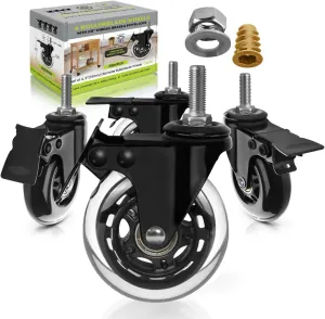 Slipstick CB693 Premium 3 Inch Rubber Caster Wheels with Brake (4 Pack) Replacement Rollerblade Style Swivel Casters with 3/8”– 16x1” Threaded Stem, Includes Mounting Hardware, Black/Clear Castor