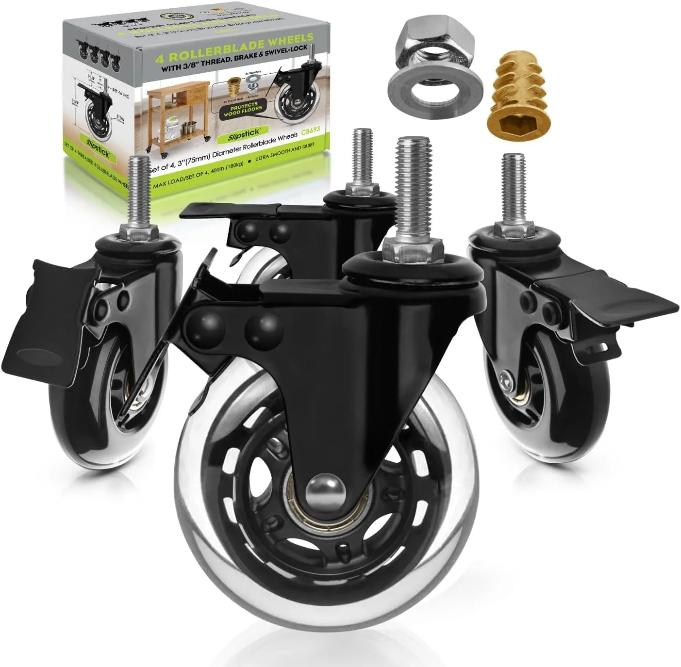 Slipstick CB693 Premium 3 Inch Rubber Caster Wheels with Brake (4 Pack) Replacement Rollerblade Style Swivel Casters with 3/8”– 16x1” Threaded Stem, Includes Mounting Hardware, Black/Clear Castor