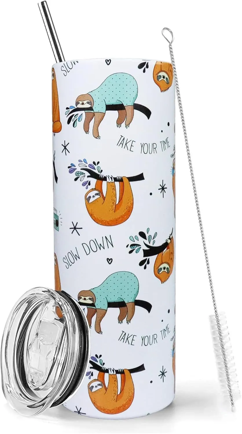 Sloth Tumbler - 20oz Insulated Stainless Steel Sloth Skinny Tumbler With Lid and Straw - Perfect for Women, Travel, or Gifts