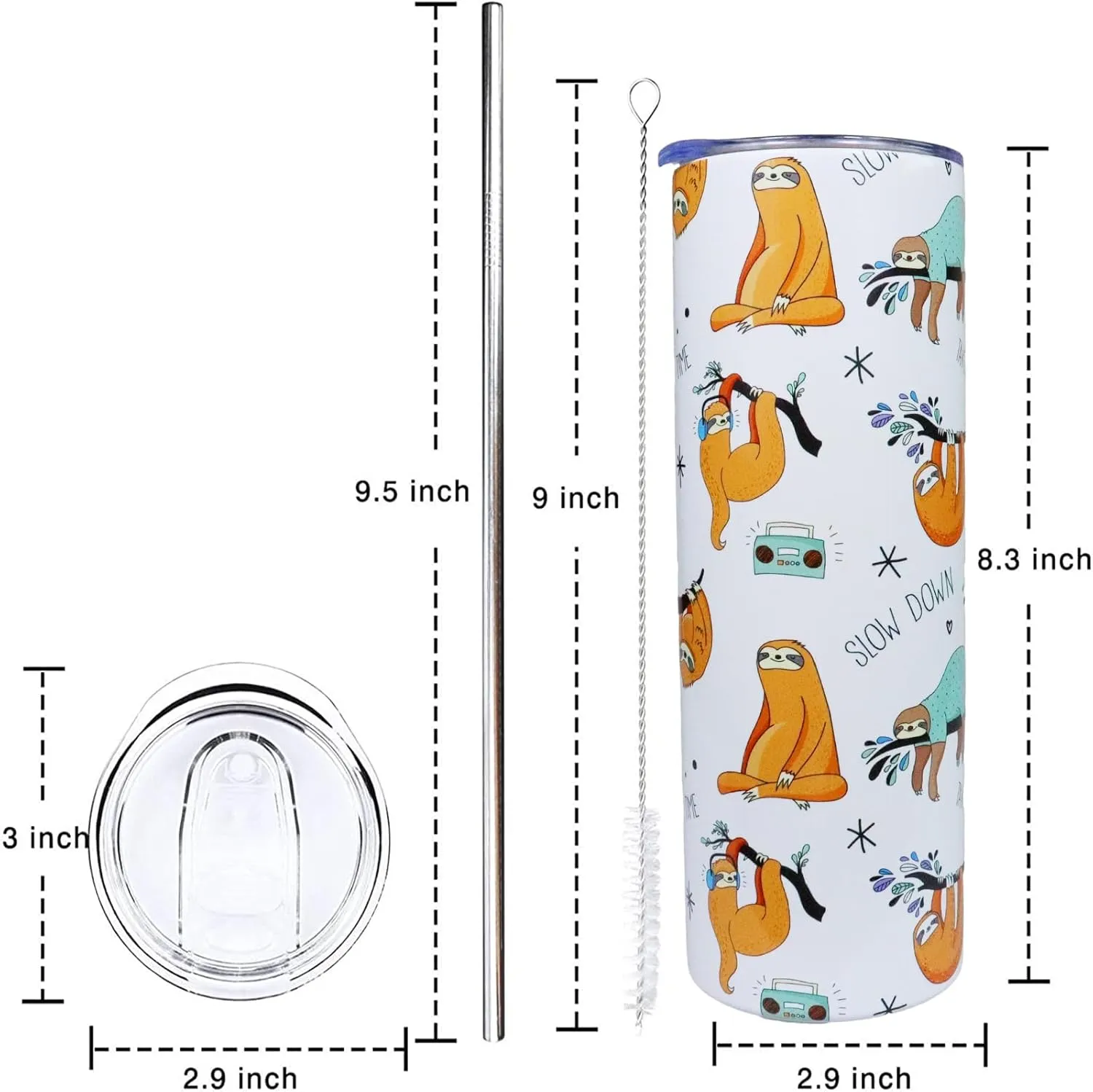 Sloth Tumbler - 20oz Insulated Stainless Steel Sloth Skinny Tumbler With Lid and Straw - Perfect for Women, Travel, or Gifts