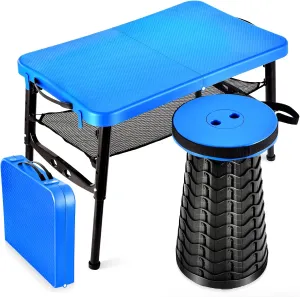 Small Folding Table and Stool Set, Lightweight and Height Adjustable, Perfect for Camping, Picnic, Beach Also Ideal as Lap Desk, Bed Table, Portable Desk(Blue)